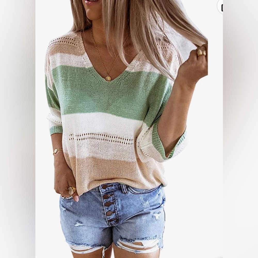 NWOT Boutique Short Sleeve Sweater S Green/Tan